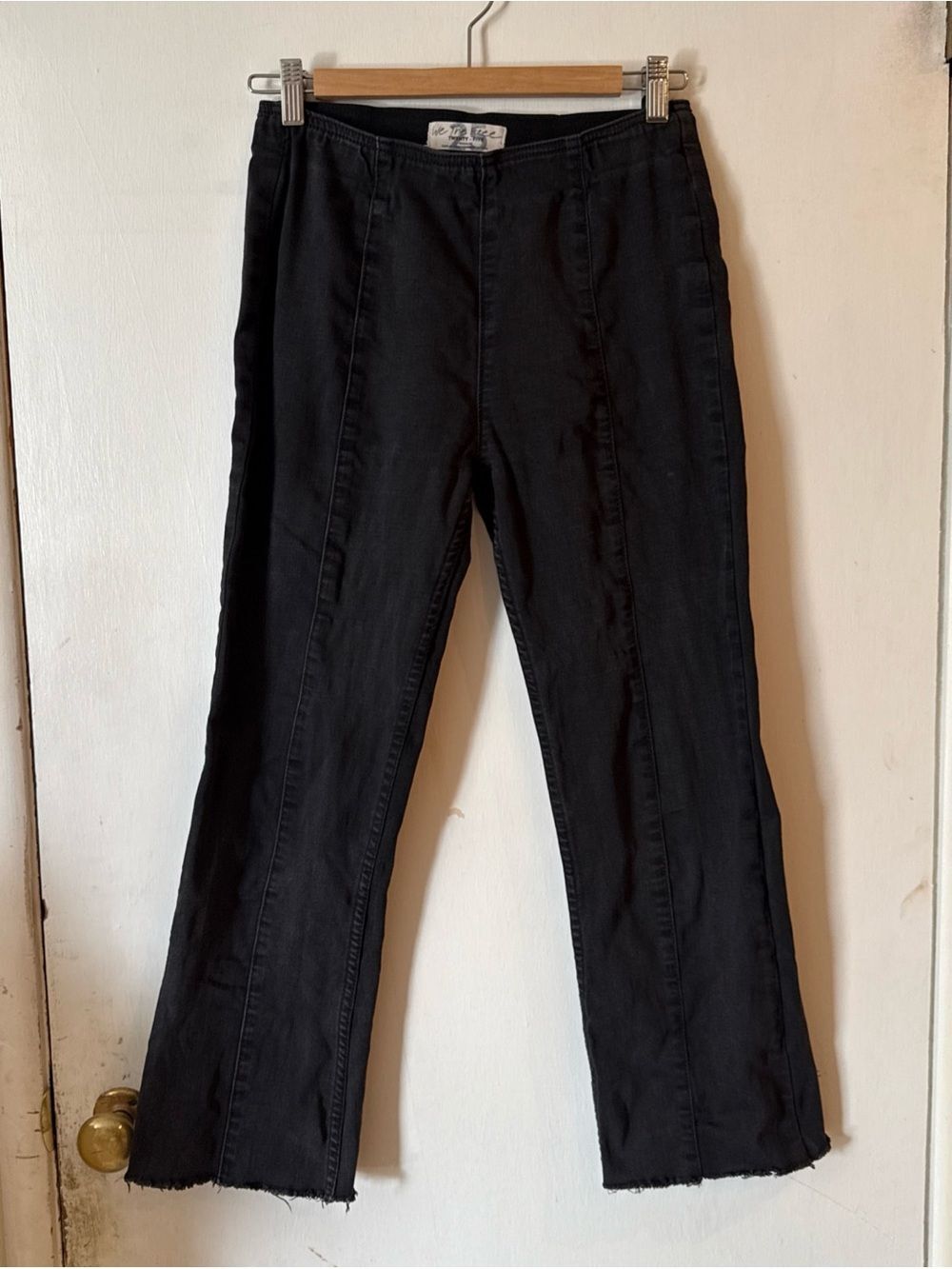 Free People We the Pull On Flare Jeans Black Seamed High Rise Raw Hem Women's 25